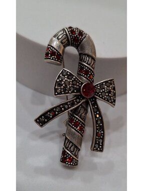 Lia Sophia Candy Cane Brooch With Red & Black Rhinestones Silver-Tone Holiday Je